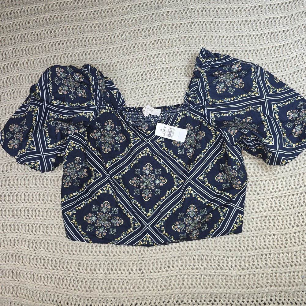 Loft Puff Sleeve Smocked Back Off The Shoulder Crop Blouse Size Large Floral