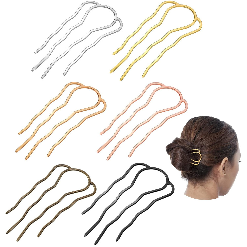 6 Pcs French Hair Pin Metal Hair Forks Clip U Shaped Updo Bun Comb Hairpins 4 Pr