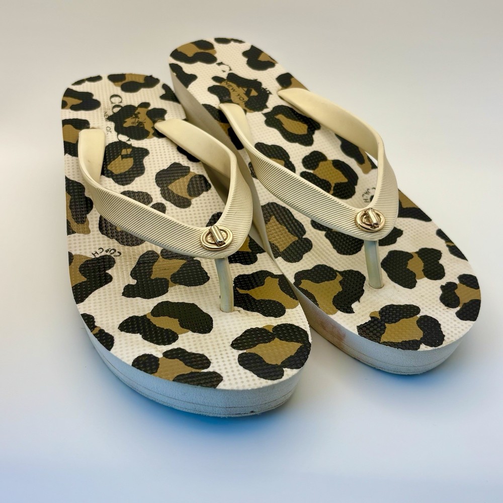 Coach Brand Animal Print Flip Flop Thong Wedge Sandal - Womens 7