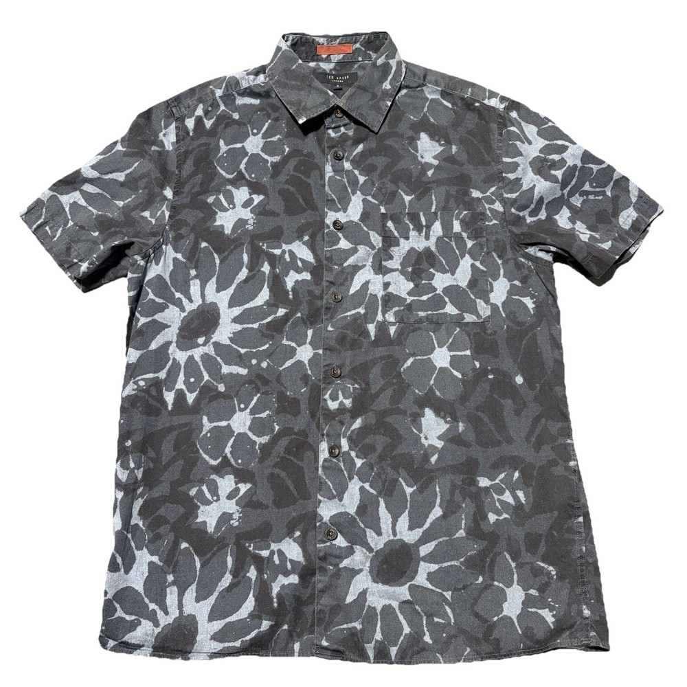 Ted Baker London Button Up Shirt Mens Size 3 Navy Blue Floral Print Short Sleeve