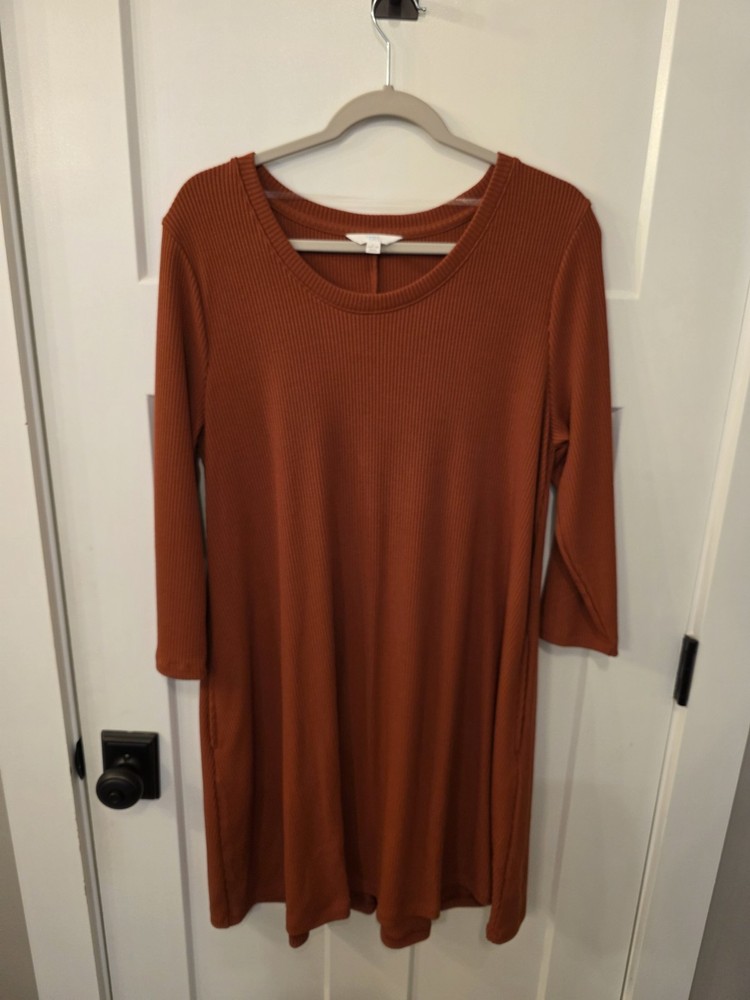 Time & Tru Women's Burnt Orange Size Large 3/4 Knee Length Dress