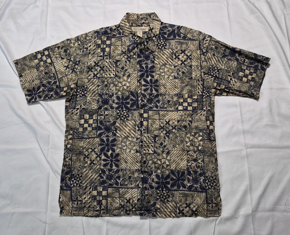 Tori Richard Aloha Hawaiian Men's Medium Floral Geometric Casual Button Up Polo