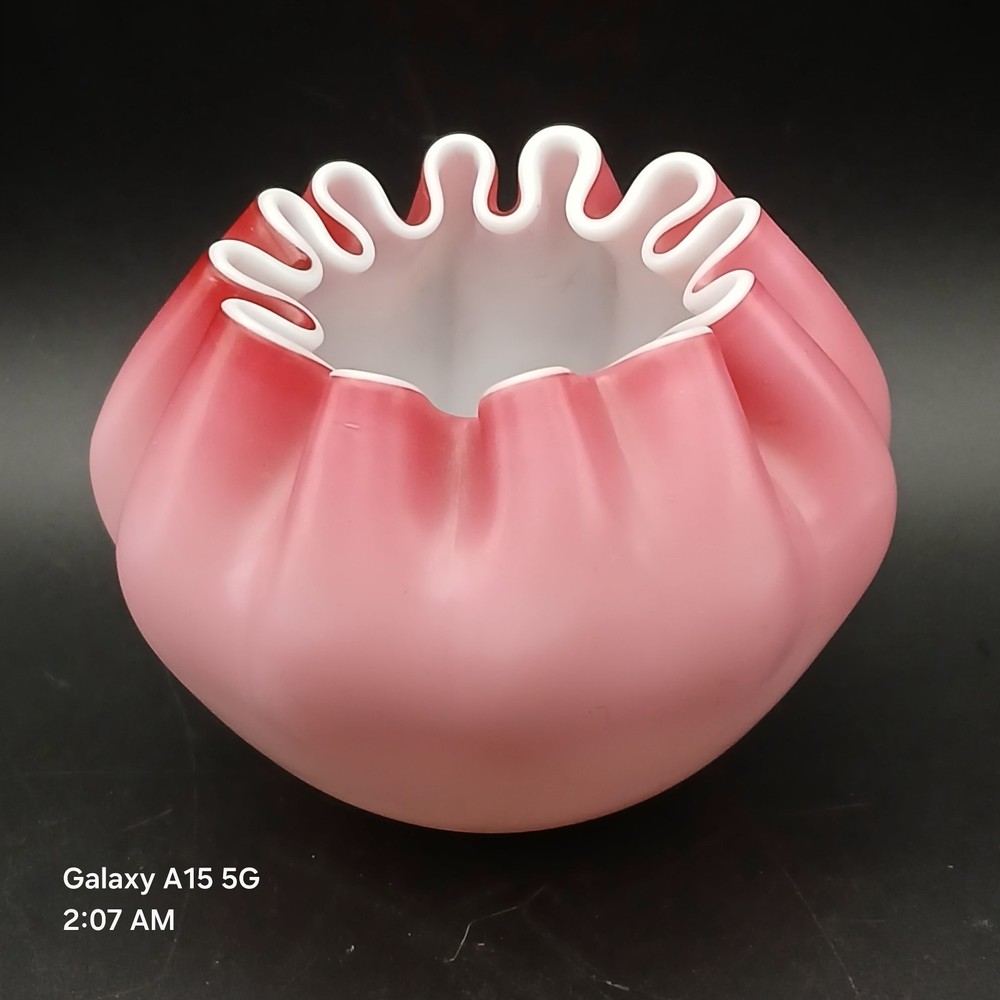 Vintage Fenton Pink Satin Cased PeachBlow Glass Victorian Rose Bowl Vase Crimped
