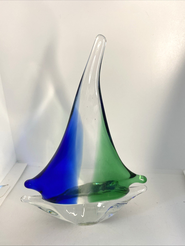 Vintage Art Glass Sailboat Sculpture Blue Green Clear Ocean Unsigned