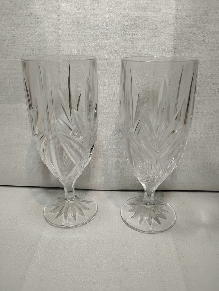 Set of 2 Godinger Milano Pattern  Crystal Iced Tea Glasses Goblets 8”