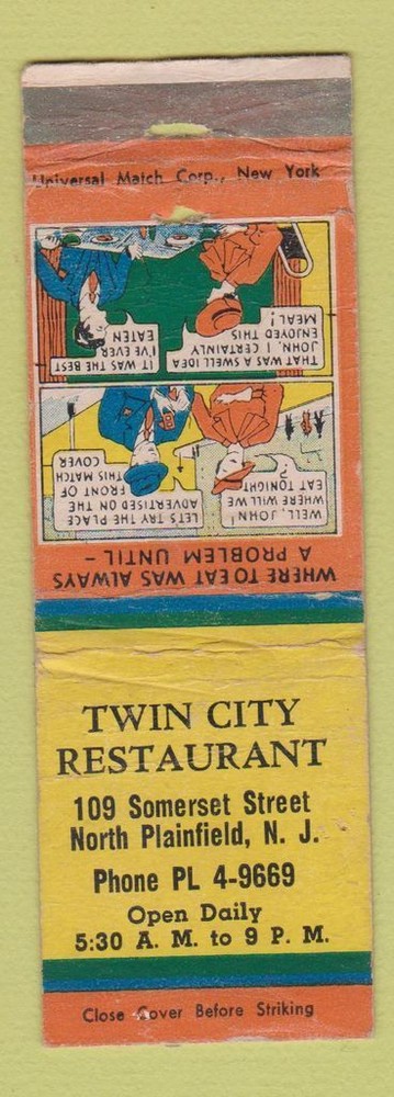 Matchbook Cover - Twin City Restaurant North Plainfield NJ WORN