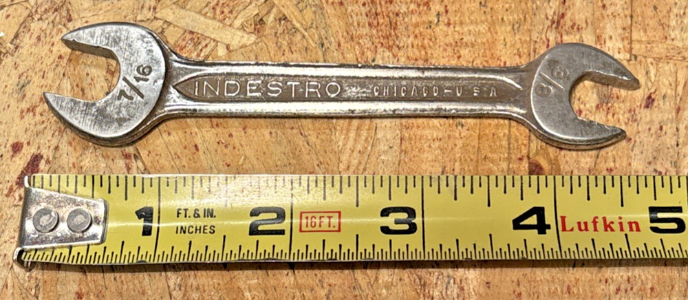 VINTAGE No 723 INDESTRO DROP FORGED SELECT STEEL WRENCH 3/8” X 7/16” CHICAGO USA