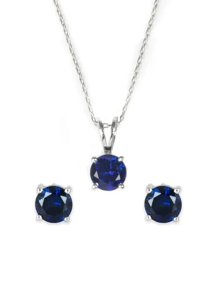 Women's Set 925 Silver Lab Created 3Ct Round Sapphire Pendant & Stud Earring Set