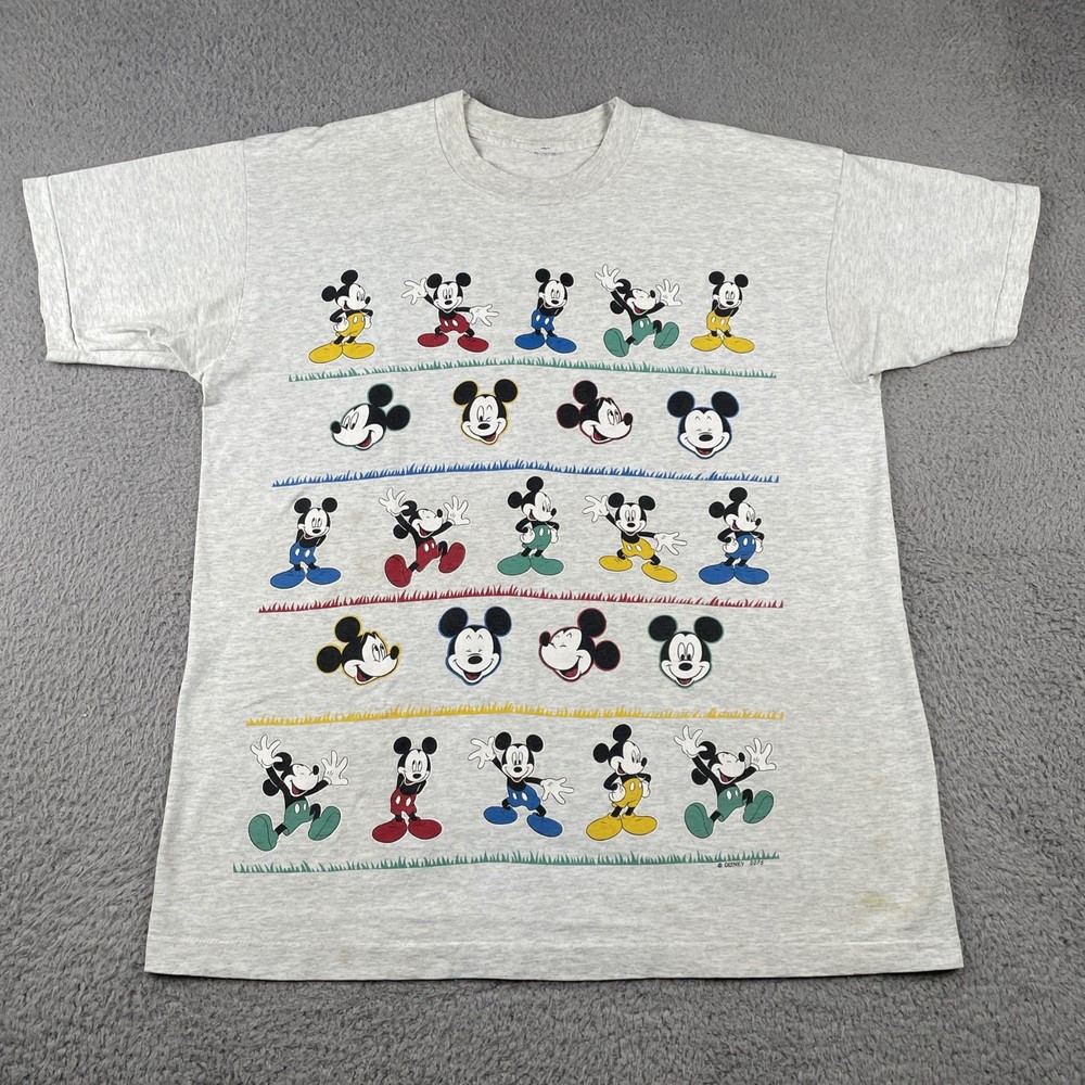 Vtg Disney Colorful Mickey Mouse Animated Gray XL Single Stitch Shirt 90s EUC