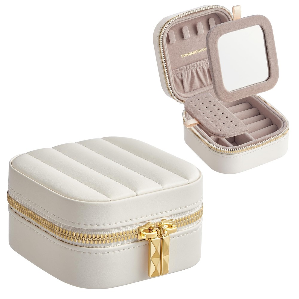 SONGMICS Travel Jewelry Organizer Case with Mirror, 4 Compartments for Earrings Rings Necklaces