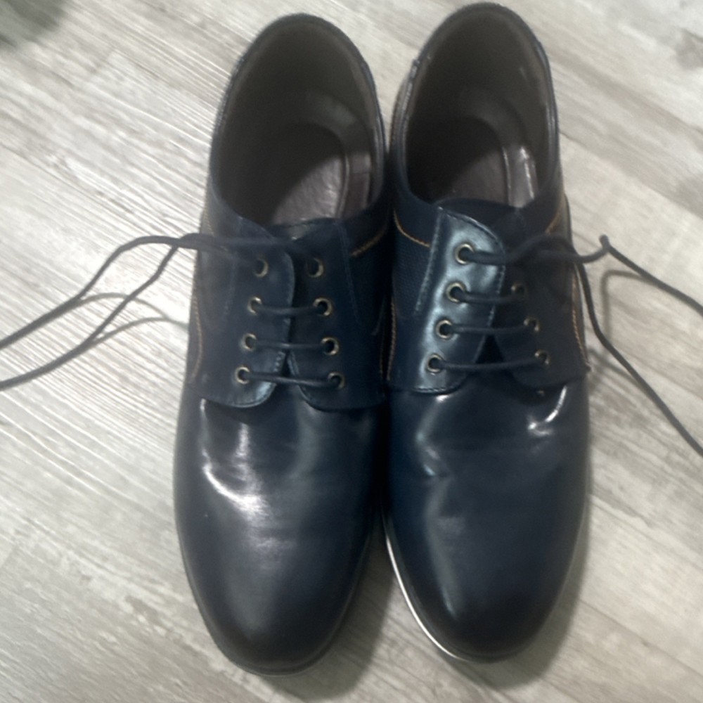 Men's Navy Blue Leather Oxford Casual Shoes Lace Up Rubber Sole Round Toe 10