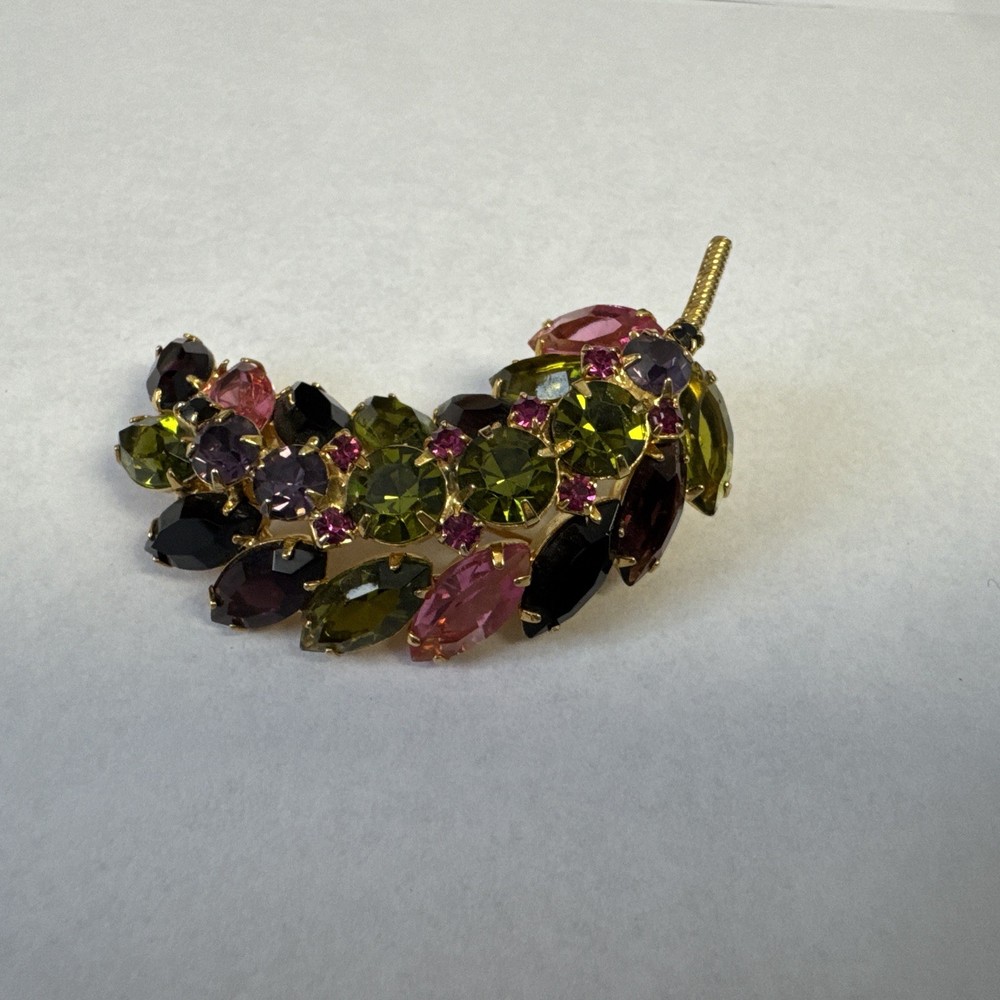 Vintage Juliana D&E Multicolor Rhinestone Floral Feather Leaf Brooch Pin Domed