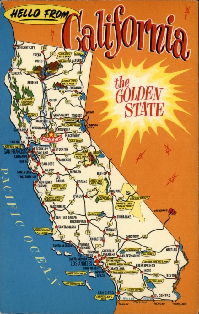 California Hello Map Carmel Ventura San Luis Obispo Mohave vintage postcard