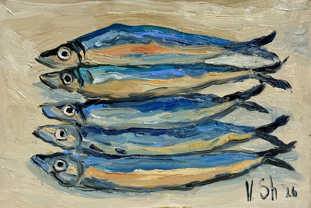 Sardine Original Oil Painting Fish Seafood Art Sardine Still life Kitchen Signed