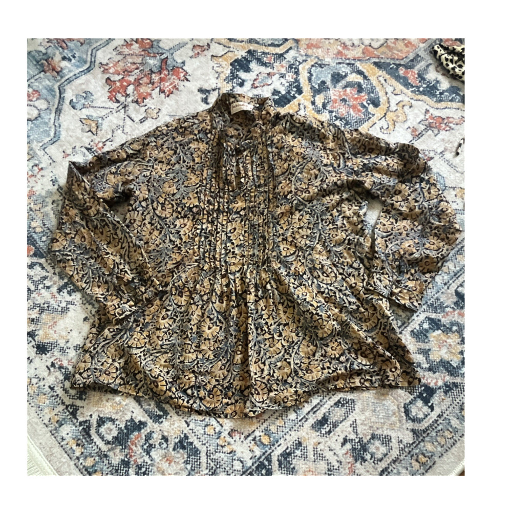 Fabindia Women’s M Cotton Woven Floral Collared Button-by Up Blouse Long Sleeve