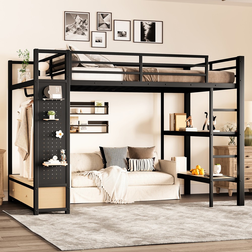 Full Size Loft Bed Frame w/Wardrobe,Metal Loft Bed with Storage Shelves Black