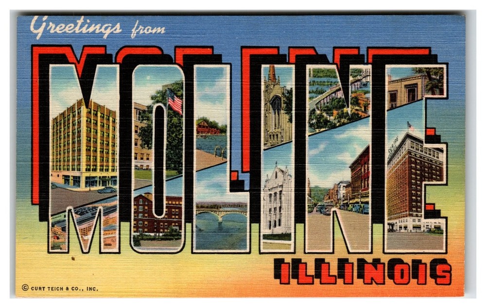 Greetings from Moline Illinois Large Letter Linen Postcard Curt Teich Bridge