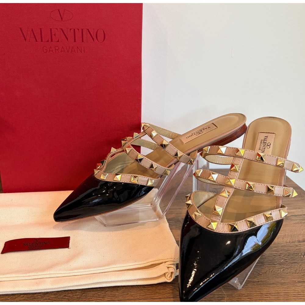 Valentino Rock Stud Patent Leather Mules Sz 39 Black Gold Authentic Shoes Box