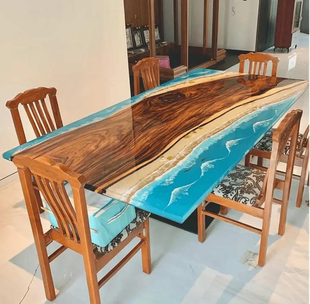 60x30 Inch Blue Ocean Wave Epoxy Resin Dining Table with Handcrafted Acacia Wood Countertop