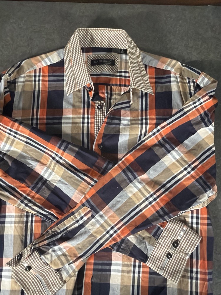Men’s Dolce Guava Milano Plaid Button Down Shirt Large Orange Blue Contrast