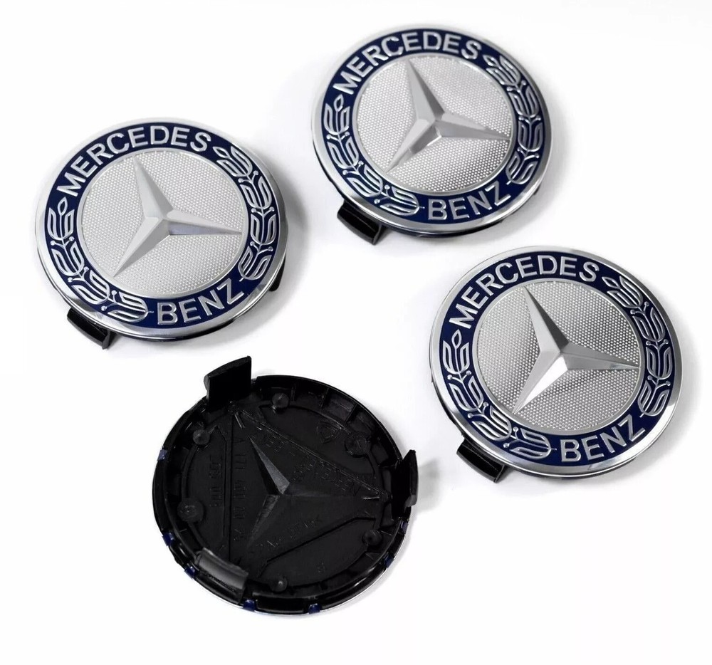 SET OF 4 Mercedes-Benz 75MM Classic Dark Blue Wheel Center Hub Caps AMG Wreath