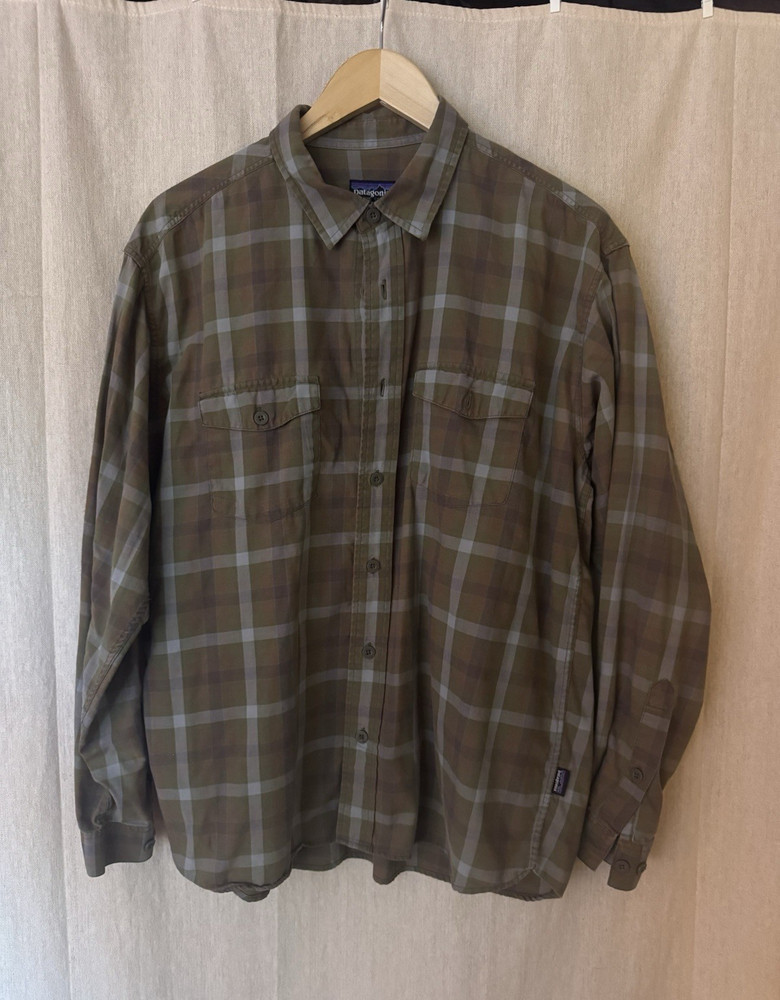 Patagonia Mens L Plaid Long Sleeve Button-Up Shirt Organic Cotton Green Brown