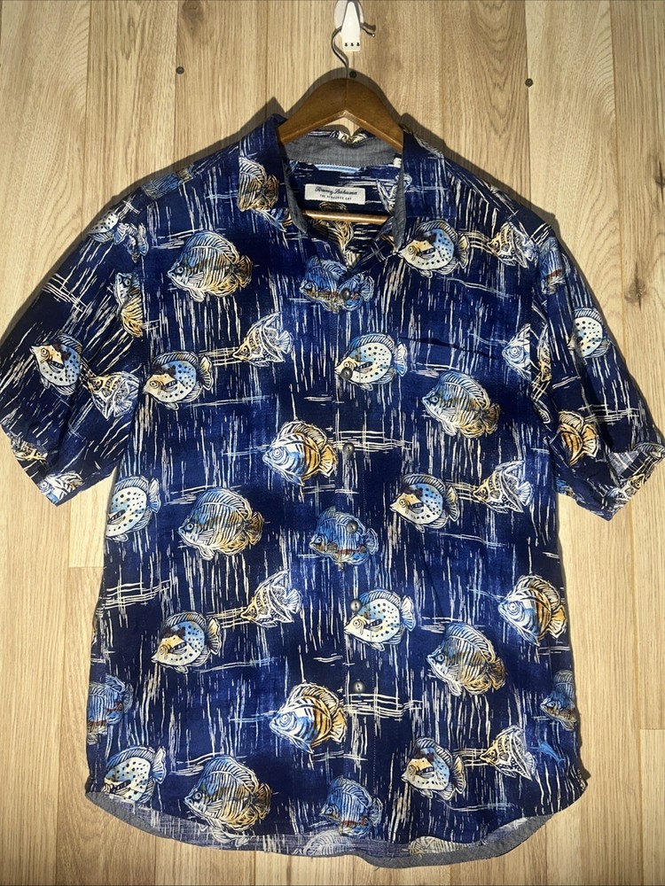 Tommy Bahama Veracruz Cay Seaview Fish Short Sleeve Camp Shirt Coastline Medium