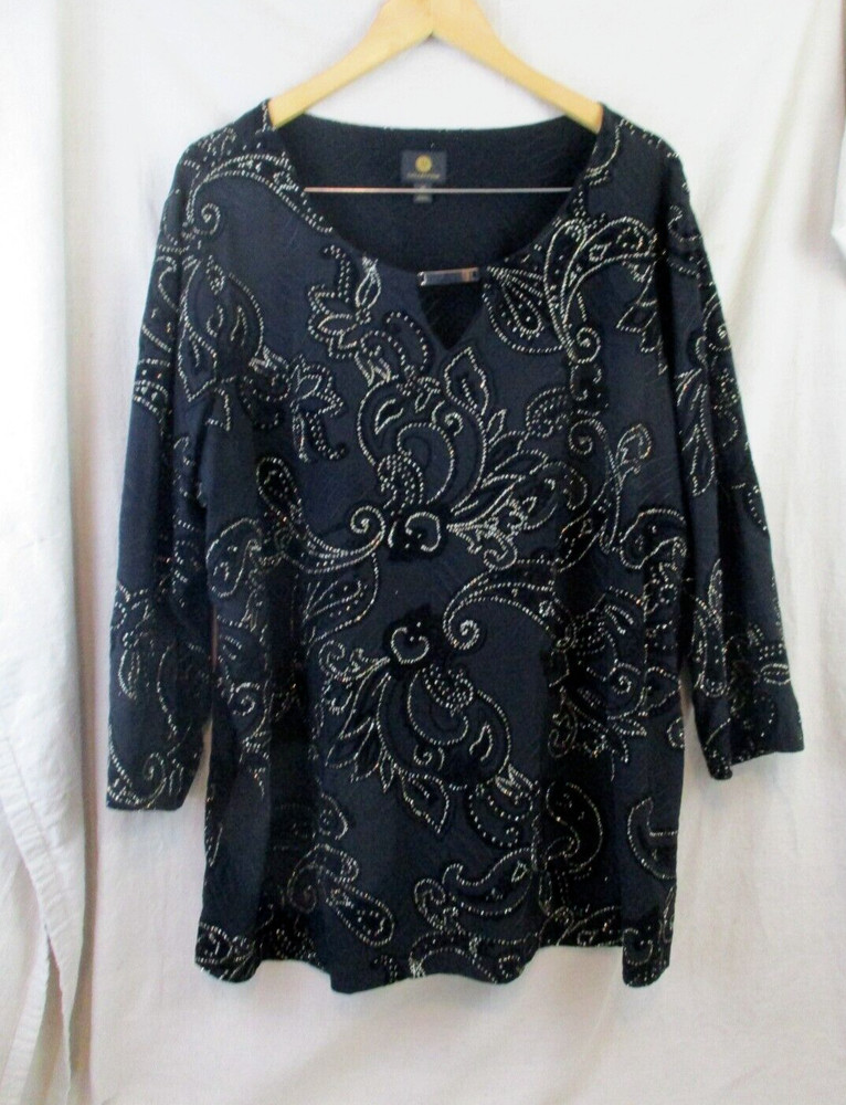 J M Collection Womens Plus Black 3/4 Sleeve Burnout Velvet Tunic Top Size 4X