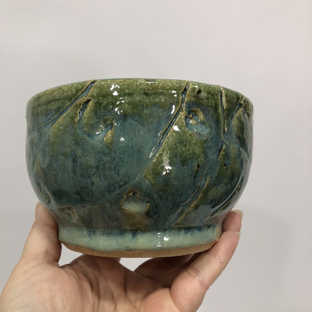 Pottery Stoneware Carved Plant Vase Pot Planter Blue/Green Glazed Signed