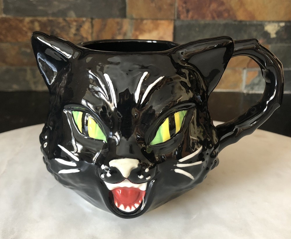 Williams Sonoma Figural Black Cat Coffee Mug Cup Halloween