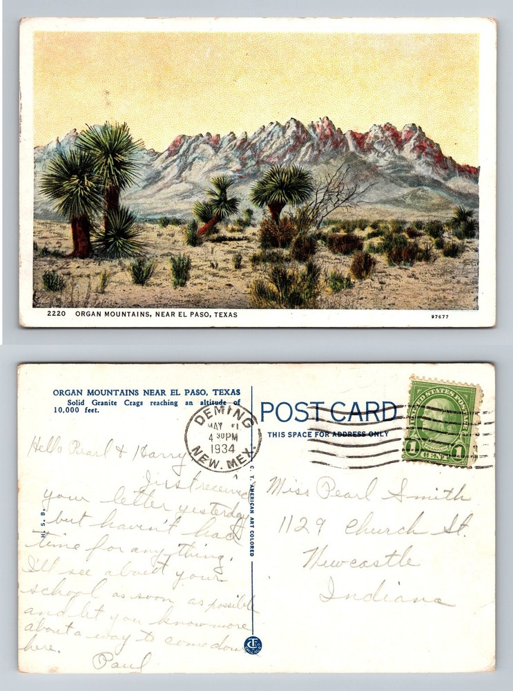 El Paso, TX-Texas, Organ Mountains Desert Landscape Vintage c1934 Postcard