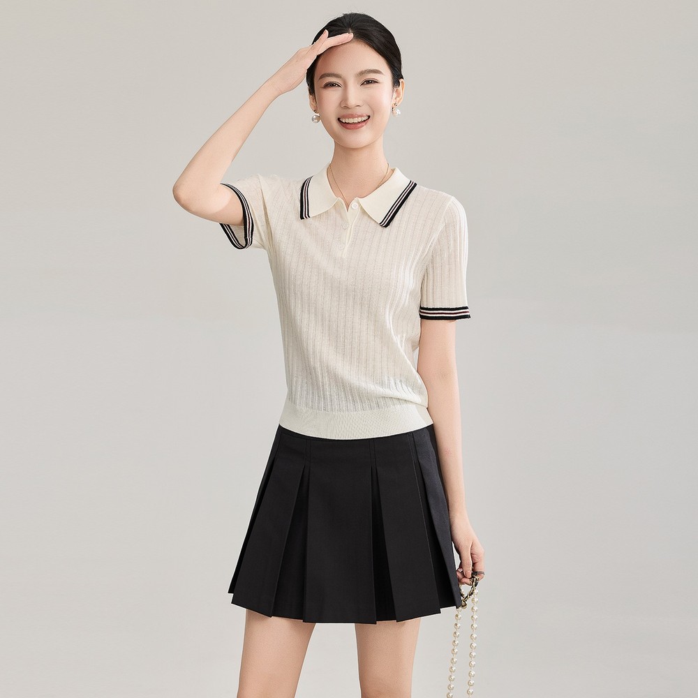 Spring Women's Lapel Collar Wool Short Sleeve Casual Striped Shirts Top Blouses