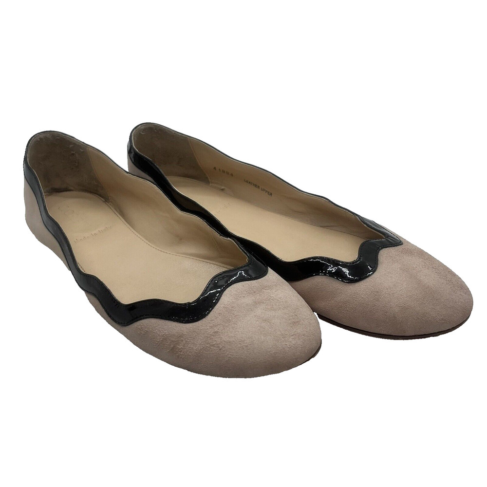J Crew Leather Flats (Size 7.5) With Black Patent Scalloped Edges, Made In Italy