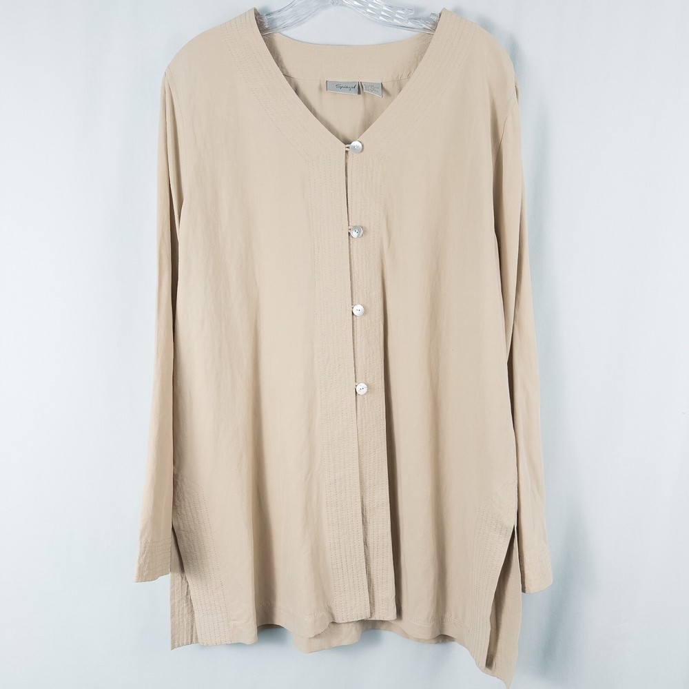 Spiegel Silk Linen Blend Button Front Tunic Top Womens 18 Beige Lagenlook Boho