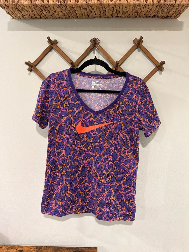 Nike Dri-FIT Women's Large Purple & Orange V-Neck Abstract Print Graphic T-Shirt-image