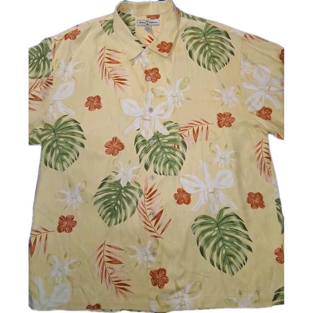 Tommy Bahama Mens XL Shirt 100% Silk Floral Short Sleeve Button Down Casual