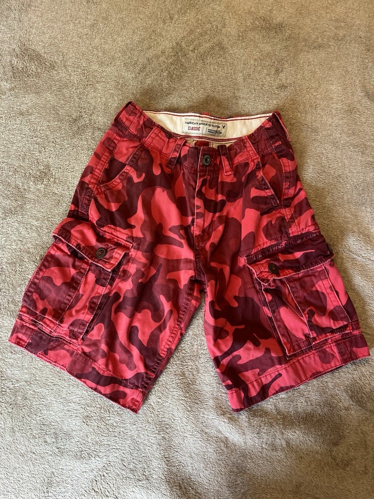 American Eagle Boys Camo Shorts Red Classic 26” Waist Cargo Camouflage Y2K