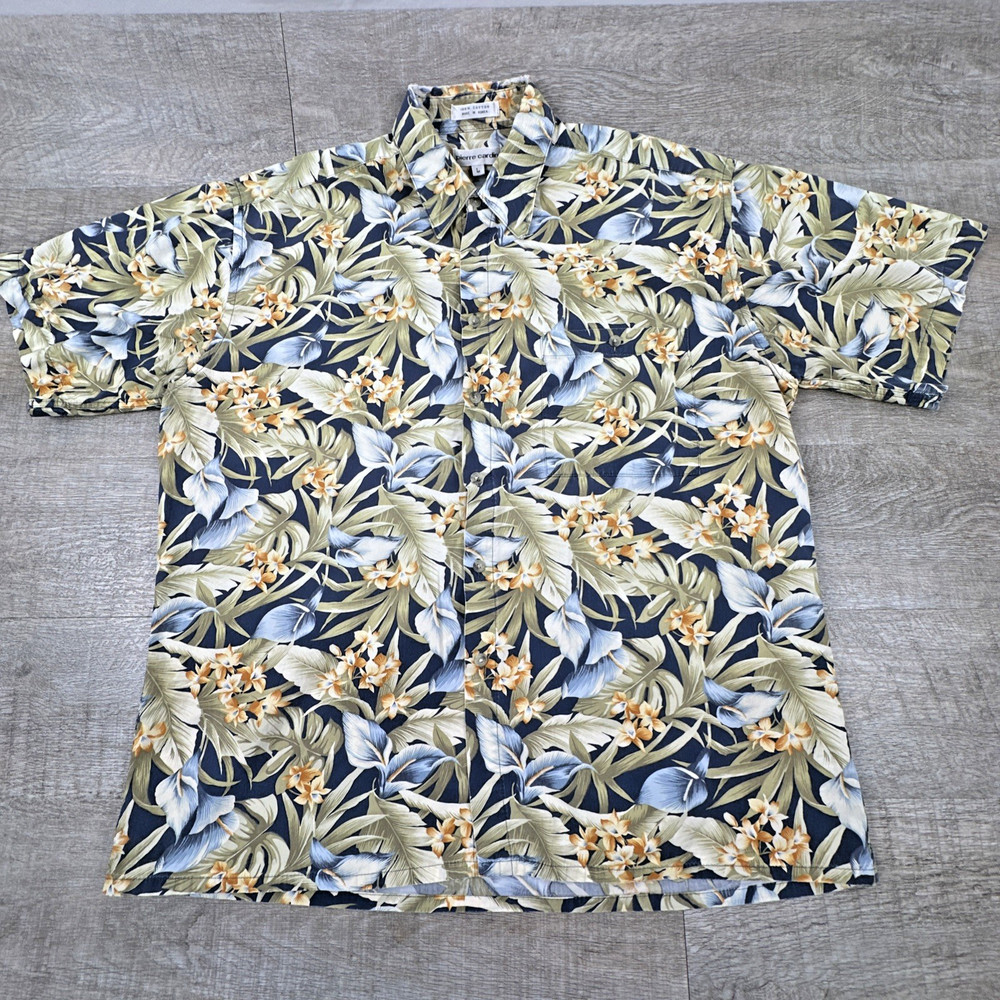 Pierre Cardin Men's L Button Up Shirt Hawaiian Tropical Floral Short Sleeve
