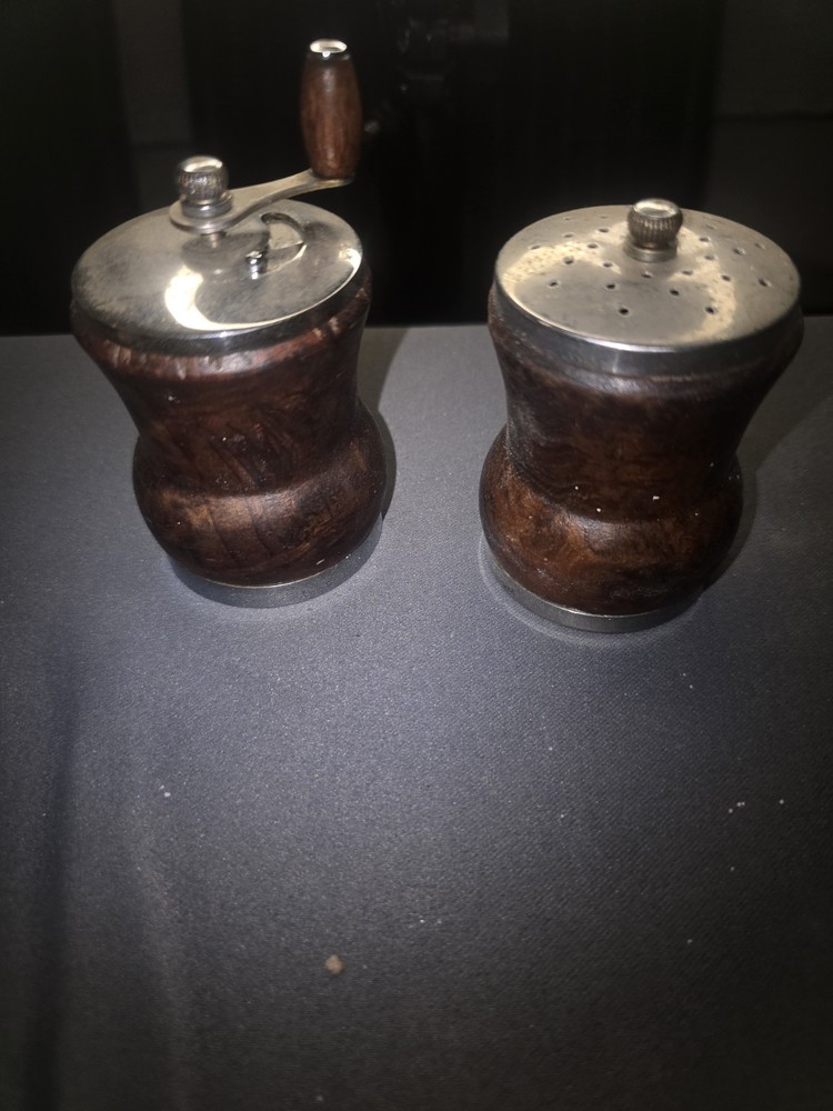 Vintage Wood and Pewter Salt Shaker and Pepper Grinder Set