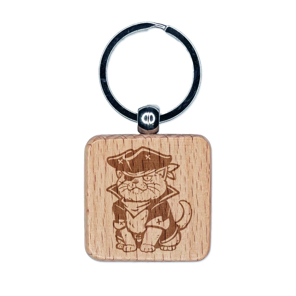 Captain Pirate Cat Engraved Wood Square Keychain Tag Charm