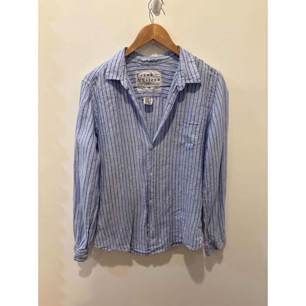 Frank & Eileen Barry Blue Stripe Linen Button Down Shirt XLarge