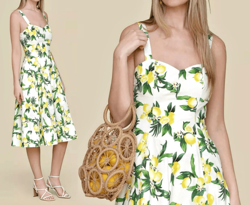 Avec Les filles lemon  print seamed sweetheart midi dress 10