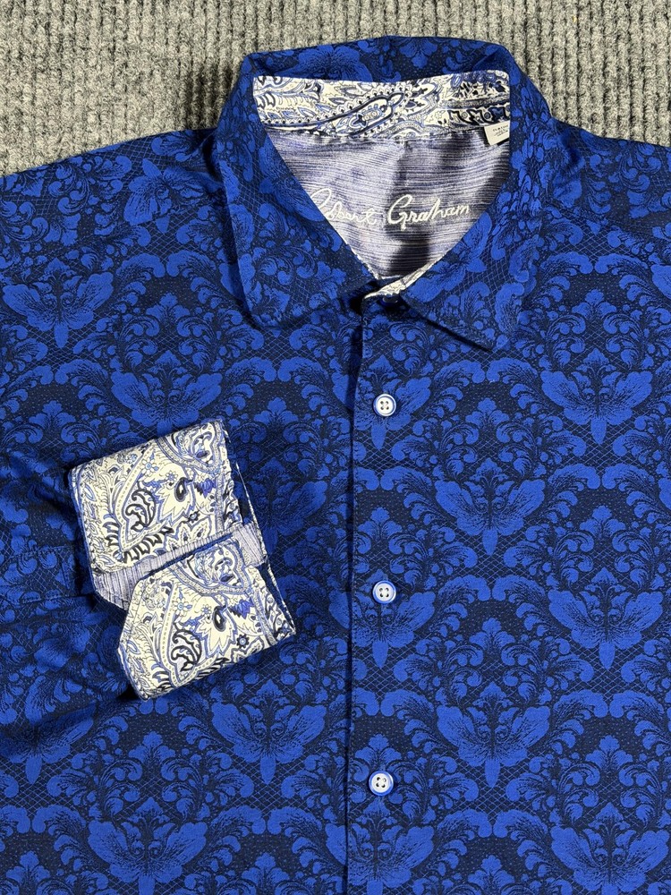 Robert Graham Shirt Mens XL Baroque Jacquard Floral Long Sleeve Button Up Blue