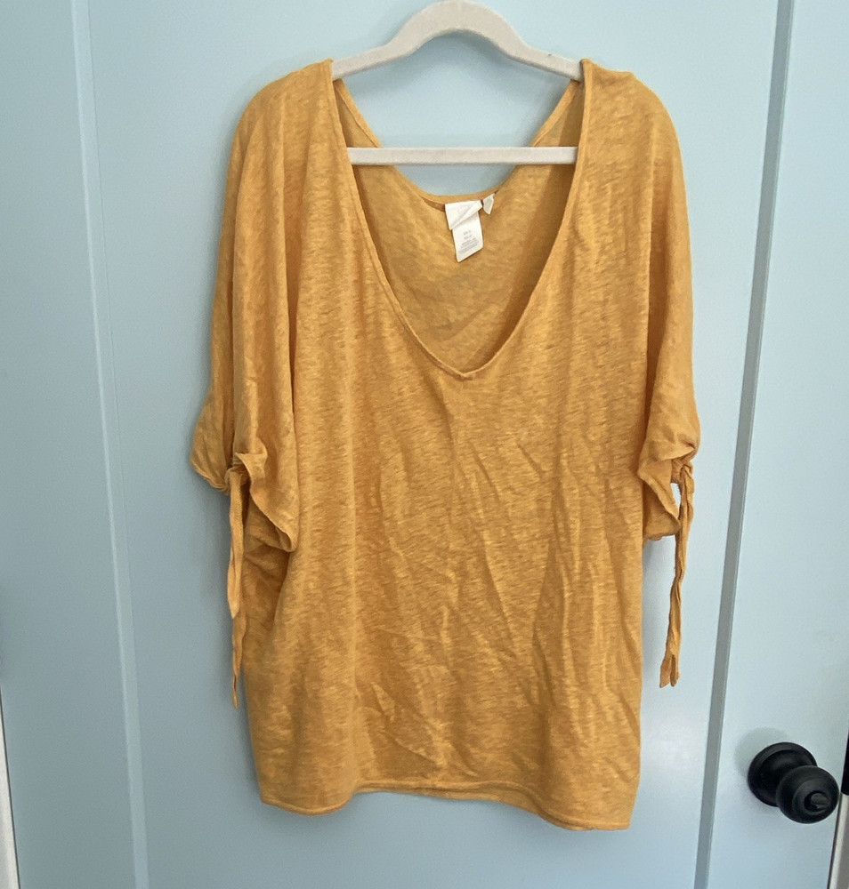 H&M Women’s Top Size S Yellow Linen Knit Solid V-Neck 3/4 Sleeve Drawstring