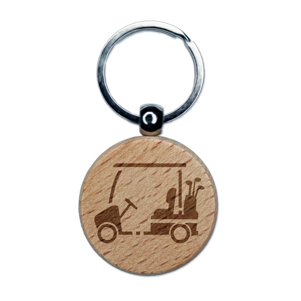 Golf Cart Caddy with Clubs Engraved Wood Round Keychain Tag Charm