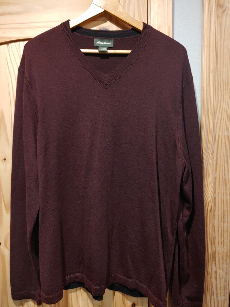 EDDIE BAUER Mens 100% Merino Wool Burgundy Maroon V-Neck Sweater Size XL
