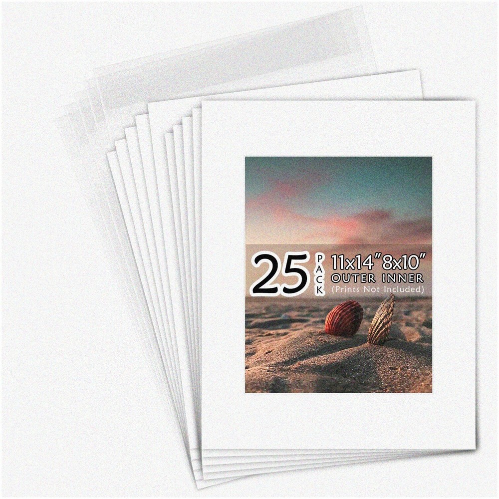 PureMatte Pack - 25 Acid-Free White Beveled Picture Mats for Framing-image