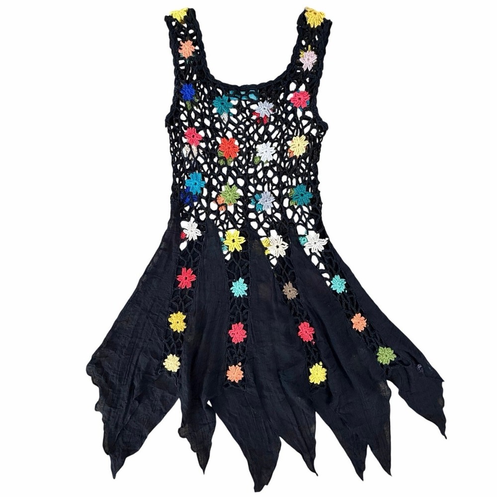 Y2K Crochet Flower Tassel Mini DressTunic Boho Festival Grunge Fairy Size Small
