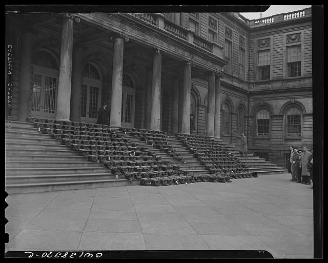 Photo:New York City NY 1930s Stacks of Books on Building Steps