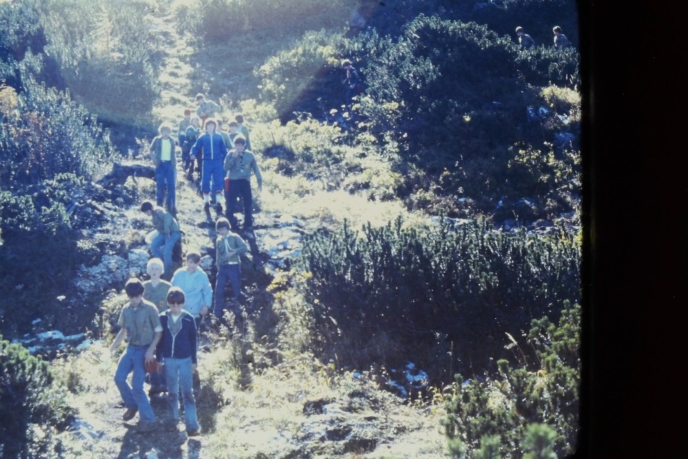 c1970's 35mm Slide Group of Young Men Hiking Mountain Path Snow Person Landscape